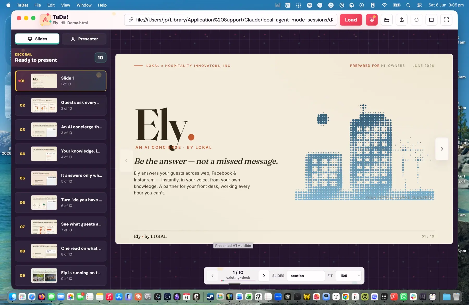 An HTML deck loaded in TaDa! with a slide rail of thumbnails down the left
