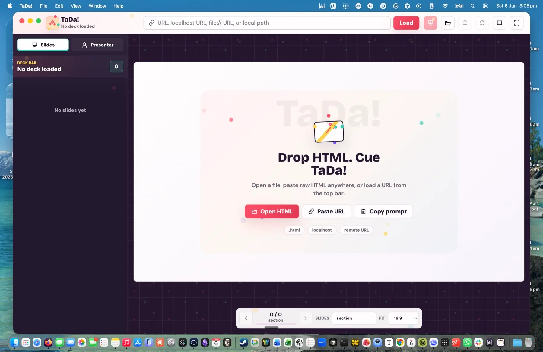 TaDa! empty state with buttons to open a file, paste a URL, or copy an AI deck prompt